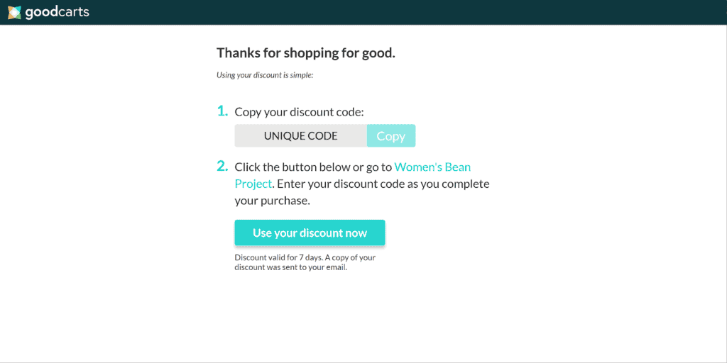coupon code thank you message from GoodCarts app